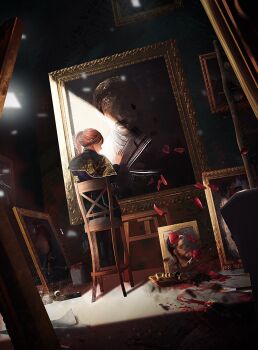 1girl chair clair_obscur:_expedition_33 floral_dissolve gustave_(clair_obscur:_expedition_33) highres holding itsiitsubox long_hair maelle_(clair_obscur:_expedition_33) on_chair painting_(object) ponytail red_hair sciel_(clair_obscur:_expedition_33) solo verso_(clair_obscur:_expedition_33)