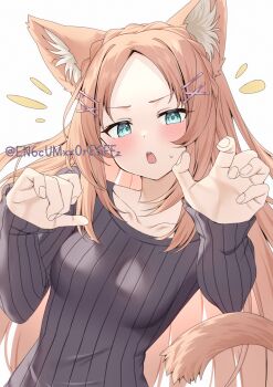 Rule 34 | 1girl, :o, animal ear fluff, animal ears, aqua eyes, black sweater, bluesky username, blush, braid, breasts, casual, cat ears, cat girl, cat tail, claw pose, collarbone, commentary, crown braid, curled fingers, extra ears, fingernails, forehead, furrowed brow, hair intakes, hair ornament, hairclip, highres, long hair, long sleeves, looking at viewer, multiple hair clips, notice lines, open mouth, orange hair, orange tail, original, parted bangs, ribbed sweater, simple background, sleeves past wrists, solo, sweatdrop, sweater, tail, teeth, upper body, upper teeth only, very long hair, white background, x hair ornament, yamano rokamizu