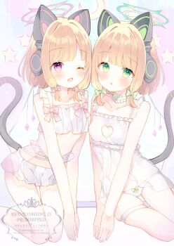 2girls ;d animal_ears bare_arms bare_shoulders blonde_hair blue_archive blunt_bangs blush bow breasts cat_ears cat_girl cat_tail choker collarbone commentary_request eyebrows_hidden_by_hair fake_animal_ears fang frills green_eyes hair_bow hair_ornament halo headphones highres looking_at_viewer midori_(blue_archive) moeno_uni momoi_(blue_archive) multiple_girls one_eye_closed open_mouth own_hands_together panties parted_lips purple_eyes ribbon sample_watermark short_hair siblings sidelocks simple_background sisters sitting small_breasts smile star_(symbol) tail twins underwear watermark white_panties