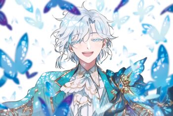 1boy :d aqua_gemstone aqua_hair aqua_jacket aqua_vest ascot blue_butterfly blue_eyes blue_eyeshadow blue_gemstone blurry braid brooch bug butterfly butterfly_brooch butterfly_earrings collared_shirt colored_eyelashes commentary curtained_hair depth_of_field ear_chain ear_piercing earrings english_commentary euthalia_zephyr eyeshadow gem gold_trim hair_between_eyes hakukanmou half-closed_eyes highres insect jacket jewelry lapel_pin lapels linked_piercing looking_at_viewer makeup male_focus mixed-language_commentary multicolored_hair notched_lapels open_mouth piercing pixela_project shirt short_hair side_braid smile solo straight-on streaked_hair stud_earrings teeth thai_commentary upper_body upper_teeth_only vest virtual_youtuber white_ascot white_background white_eyelashes white_hair white_shirt