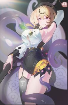 1girl absurdres arm_behind_head arm_up armpits asymmetrical_shorts bare_shoulders beret black_background black_hat black_shorts blonde_hair blurry blurry_background breasts button_gap closed_mouth commentary_request cowboy_shot cowlick detached_sleeves garter_straps hair_between_eyes hat high-waist_shorts highres holding holding_weapon kan_cce large_breasts lens_flare looking_at_viewer mole mole_under_mouth purple_hair purple_nails shirt short_hair shorts single_garter_strap single_thighhigh smile solo suction_cups tail_around_own_leg tentacle_girl tentacle_tail tentacles thighhighs torn_clothes torn_thighhighs weapon white_shirt white_sleeves yidhari_murphy zenless_zone_zero