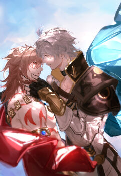 Rule 34 | 2boys, 97brc0, antenna hair, arm tattoo, armlet, armor, bare pectorals, black choker, black coat, black gloves, black shirt, blonde hair, blue cape, blue eyes, blue sky, braid, cape, chest tattoo, choker, clawed gauntlets, coat, commentary request, earrings, facial tattoo, fingerless gloves, from side, gloves, gold earrings, gold necklace, gradient hair, hand on another's face, highres, honkai: star rail, honkai (series), jewelry, male focus, medium hair, multicolored hair, multiple boys, mydei (honkai: star rail), neck tattoo, necklace, open clothes, open coat, parted bangs, pauldrons, pectorals, phainon (honkai: star rail), profile, red cape, red hair, red tattoo, shirt, short hair, shoulder armor, side braid, side cape, single pauldron, sky, sun symbol, sun tattoo, tan, tattoo, white coat, white hair, yaoi, yellow eyes