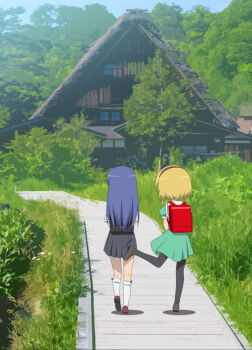 2girls backpack bag black_footwear black_hairband black_skirt blonde_hair blue_hair blue_sky brown_footwear building chisato_and_takina_kicking_each_other's_butt_(meme) commentary day dress english_commentary facing_away from_behind furude_rika gaou_(babel) grass green_dress hairband higurashi_no_naku_koro_ni houjou_satoko kicking kneehighs loafers long_hair lycoris_recoil meme multiple_girls outdoors pantyhose parody path puffy_short_sleeves puffy_sleeves randoseru road sailor_collar sailor_dress scene_reference school_uniform shirt shoes short_hair short_sleeves skirt sky socks stand_by_me tree very_long_hair white_sailor_collar white_shirt window