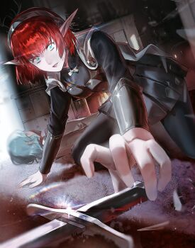 1boy 1girl aqua_hair black_pantyhose black_skirt blue_eyes cape commentary grey_cape hairband hulkenberg_(metaphor:_refantazio) long_sleeves looking_at_viewer lying metaphor:_refantazio pantyhose pkkoje98bo88835 pleated_skirt pointy_ears red_hair short_hair skirt sword the_prince_(metaphor:_refantazio) weapon