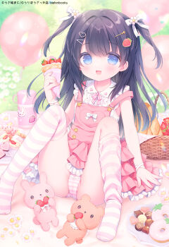 1girl :d black_hair blue_eyes collared_shirt commentary_request dress flower food frills fruit gekkan_uribou_zakka-ten hair_ornament hairclip holding holding_food knees_up long_hair no_shoes open_mouth panties pink_skirt shirt skirt sleeveless sleeveless_dress smile solo strawberry striped_clothes striped_panties striped_thighhighs stuffed_animal stuffed_toy thighhighs two_side_up underwear usashiro_mani white_flower white_shirt