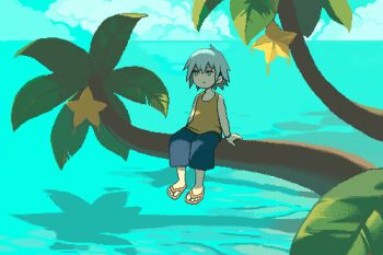 1boy aged_down animated animated_gif aqua_eyes blue_shorts blue_sky child cloud cloudy_sky commentary day english_commentary expressionless flip-flops food fruit fruit_tree full_body grey_hair kingdom_hearts leaf lowres male_focus ocean on_tree palm_tree riku_(kingdom_hearts) sandals shadow short_hair shorts sitting sky snoozaga solo tank_top tree tree_shade wind yellow_sandals yellow_tank_top