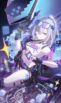 1girl absurdres black_gloves black_shorts breasts building commentary_request crop_top fingerless_gloves game_cartridge gauntlets gloves goggles goggles_on_head grey_eyes grey_hair highres holding_game_cartridge holographic_monitor honkai:_star_rail honkai_(series) long_hair looking_at_viewer medium_breasts midair midriff navel pink_hair revision short_shorts shorts silver_wolf_(honkai:_star_rail) silver_wolf_(lv.999)_(honkai:_star_rail) skyscraper smile solo sye- teeth very_long_hair
