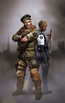 1boy 1girl ammunition_pouch arm_at_side armor bald bald_female baton_(weapon) belt black_belt black_boots black_gloves black_nails black_necktie black_shoes blonde_facial_hair blonde_hair blue_armor blue_eyes blue_pants boots brown_eyes brown_hat brown_pants brown_scarf building buttons cargo_pants checkered_necktie clash_(rainbow_six_siege) combat_boots commentary crossed_arms dark-skinned_female dark_skin dress_pants dress_shirt elbow_pads embers emblem english_commentary facial_hair fingerless_gloves fingernails fire furrowed_brow gloves green_jacket hat high_collar highres holding holding_baton_(weapon) holding_weapon holster insignia jacket key_visual long_sleeves looking_afar looking_ahead magazine_(weapon) maverick_(rainbow_six_siege) messy_hair metropolitan_police_service military military_combat_uniform military_jacket military_operator military_uniform multicolored_nails nail_polish necktie official_art overcast pants phelandavion pocket police police_uniform policewoman pouch promotional_art rainbow_six_siege realistic riot_police scarf shirt shoes short_hair single_elbow_pad single_fingerless_glove single_glove sky sleeve_cuffs sleeves_rolled_up smoke soldier tactical_clothes thigh_holster thigh_pouch tree vest_pouch weapon white_nails white_shirt