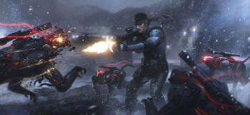1boy aircraft assault_rifle bullpup concept_art day dennis_chan eyepatch gun helicopter long_gun mecha metal_gear_(series) metal_gear_solid metal_gear_solid_(film) military military_uniform night official_art rifle robot science_fiction sneaking_suit snow solid_snake sparks tactical_clothes war weapon