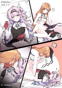 2girls ? bare_shoulders black_dress blush body_markings bow braid braided_sidelocks breasts chain closed_eyes closed_mouth colored_inner_hair commentary dated denia_(breakdown)_(wuthering_waves) denia_(wuthering_waves) dress ear_bow futa_with_female futanari gloves green_eyes grey_sports_bra hair_ornament hand_up head_on_pillow headpat highres jouhou kiss laughing long_hair looking_at_another lying medium_breasts missionary multicolored_hair multiple_girls on_back on_bed orange_hair penis pillow pink_hair pointy_ears purple_eyes purple_hair red_gloves sex shadow_hands sidelocks sigrika_(wuthering_waves) smile spoken_blush spoken_question_mark sports_bra strap_slip trembling twitter_username wuthering_waves