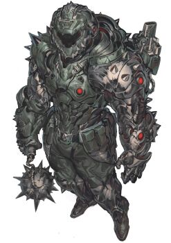 Rule 34 | 1boy, armor, assault visor, black visor, breastplate, doom: the dark ages, doom (series), doomguy, flail, full armor, full body, gauntlets, green armor, helmet, highres, holding, holding flail, holding weapon, nameno92372763, shoulder armor, shoulder cannon, shoulder spikes, simple background, solo, spiked armor, spikes, weapon, white background