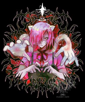 1girl absurdres black_background black_dress commentary dress elfen_lied english_commentary eyelashes frown gleamyguts hair_over_one_eye halo heart heart_hands highres horns lucy_(elfen_lied) neck_ribbon pink_shirt red_nails red_ribbon ribbon shirt short_hair signature solo unamused vectors