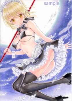 1girl :o amami_(nrwm4332) apron armpit_crease artoria_pendragon_(fate) bikini bikini_top_only black_bikini black_bow black_bowtie black_shoes black_skirt black_thighhighs blonde_hair blush bow bowtie breasts collar commentary_request fate/grand_order fate_(series) frilled_bikini frilled_collar frilled_thigh_strap frills full_moon hand_up holding holding_pillow large_breasts looking_at_viewer maid maid_bikini maid_headdress marker_(medium) moon navel night night_sky no_shirt outdoors parted_lips petticoat pillow sample_watermark shoes short_hair skirt sky solo swimsuit thigh_strap thighhighs traditional_media unconventional_maid waist_apron watermark white_apron white_collar white_wrist_cuffs wrist_cuffs yellow_eyes