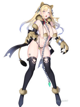 1girl animal_ears animal_hands bikini blonde_hair chain character_request choukou_(alicesoft) choukou_taisen_escalation_heroines elbow_gloves fake_animal_ears fang full_body fur_trim gloves green_eyes highres long_hair nanahara_fuyuki official_art open_mouth swimsuit thighhighs white_background