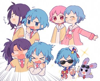 1boy 2girls :d blue_eyes blue_hair braid brother_and_sister cardigan closed_eyes collared_shirt commentary_request cup dorothy_west dress grin holding holding_cup jitome korean_commentary long_hair looking_at_viewer mole mole_under_eye multiple_girls multiple_views neckerchief necktie open_mouth paprika_private_academy_school_uniform pink_cardigan pink_eyes pink_hair pink_neckerchief pink_necktie pretty_series pripara reona_west school_uniform shirt short_hair siblings side_braid smile sparkle stuffed_animal stuffed_rabbit stuffed_toy sunglasses sururufu toudou_shion trap twins usagi_(pripara) vest white_background white_shirt yellow_dress yellow_vest