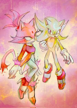 1boy 1girl animal_ears blaze_the_cat burning_blaze cat_ears cat_girl cat_tail furry furry_female furry_male gloves high_heels highres jacket mixell_p pink_fur ponytail red_jacket red_shoes shoes sonic_(series) sonic_rush sonic_the_hedgehog super_sonic tail white_gloves yellow_fur