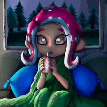 1girl bathrobe brand_name_imitation can coca-cola couch drink drinking drinking_straw eye_reflection grady_sisters_(the_shining) green_robe highres holding holding_can holding_drink long_hair long_sleeves nintendo octoling octoling_girl octoling_player_character octopus_girl on_couch orange_eyes picture_frame pillow pink_hair pointy_ears reflection robe sitting soandnb soda splatoon_(series) suction_cups tentacle_hair the_shining tree watching_television wide_sleeves