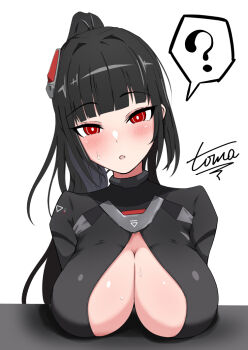 1girl :o ? black_bodysuit black_hair black_halo blue_archive blunt_bangs blush bodysuit breast_rest breasts breasts_on_table bright_pupils cleavage commentary_request hair_ornament halo large_breasts latex latex_bodysuit long_hair looking_at_viewer multicolored_halo official_alternate_costume official_alternate_hairstyle open_mouth ponytail red_eyes ringed_eyes rio_(blue_archive) rio_(bodysuit)_(blue_archive) shadow sidelocks signature simple_background skin_tight solo spoken_question_mark sweat toma_no_oekaki two-tone_halo unzipped upper_body very_long_hair white_background white_pupils