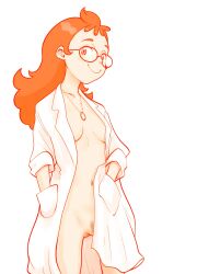 Rule 34 | 1girl, breasts, character request, closed mouth, coat, copyright request, female pubic hair, freckles, glasses, gluteal fold, half-closed eyes, hands in pockets, highres, jewelry, lab coat, long hair, naked coad, necklace, open clothes, open coat, partially visible vulva, pubic hair, riarutoruchokku, simple background, small breasts, smile, solo, webp-to-png conversion, white background