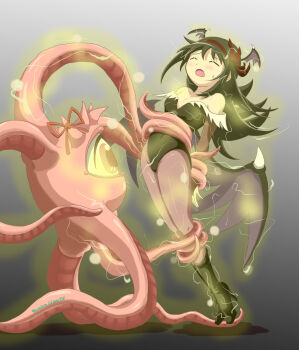 Rule 34 | akemi homura, akuma homura, black hair, breasts, cleavage, closed eyes, cosplay, energy drain, head wings, highres, kaname madoka, long hair, mahou shoujo madoka magica, mahou shoujo madoka magica: hangyaku no monogatari, marvel, marvel vs. capcom, monster, morrigan aensland, nakajima (efude), ribbon, ribbon hair, shuma gorath, spoilers, sweat, tentacles, darkstalkers, wings