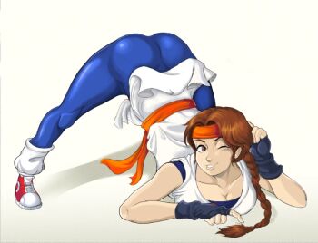 1girl ass braid braided_ponytail breast_press breasts brown_eyes brown_hair clothes_lift dougi female_focus flexible gymnastics hairband jack-o&#039;_challenge karate_gi leggings long_hair luichi88 medium_breasts one_eye_closed pale_skin pants ponytail seductive_smile bad_tag shiny_clothes shirt shoes skirt skirt_lift smile smiley_face sneakers spandex spread_legs the_king_of_fighters thighs tight_clothes tight_pants top-down_bottom-up upskirt wink yoga_pants yuri_sakazaki