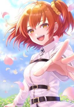 Rule 34 | 1girl, :d, ahoge, aito618, belt, belt buckle, black belt, blush, breasts, buckle, chaldea master uniform, cloud, commentary request, falling petals, fate/grand order, fate (series), floating clothes, floating hair, fujimaru ritsuka (female), full body, hair between eyes, hair ornament, hair scrunchie, highres, jacket, long sleeves, looking at viewer, medium hair, multiple belts, one side up, open mouth, orange eyes, orange hair, orange scrunchie, outdoors, outstretched hand, petals, reaching, reaching towards viewer, scrunchie, shirt, short hair, side ponytail, skirt, sky, smile, solo, spread fingers, standing, white shirt, wind