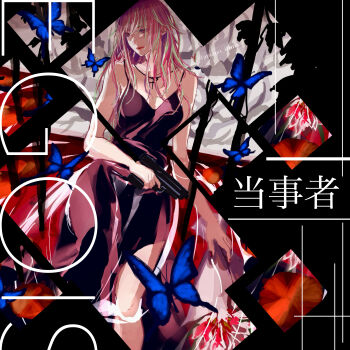 1girl absurdres alternate_costume alternate_hairstyle black_dress blue_butterfly bug butterfly commentary_request dress egoist guilty_crown gun handgun highres holding holding_gun holding_weapon insect isca long_hair looking_to_the_side pink_hair red_eyes red_lips solo translation_request twitter_username weapon yuzuriha_inori