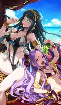 2girls armlet armpits bare_legs beach belt_collar bikini black_hair black_one-piece_swimsuit blue_bow blue_sky blunt_bangs bow bow_bikini bracelet breasts breasts_apart bridal_gauntlets check_clothing cleopatra_(fate) cleopatra_(seaside_luxury)_(fate) clothing_request cloud collar commentary curly_hair day earrings eyeshadow facial_mark fang fate/grand_order fate_(series) feet_out_of_frame floating_hair food forehead_mark fruit gold_armlet gold_bracelet gold_earrings gold_hairband gold_ring gold_trim grapes green_eyes hair_bow hair_ornament hairband hand_on_own_hip holding holding_food holding_fruit holding_grape holding_staff horizon jewelry large_breasts long_hair long_sidelocks looking_at_viewer lying makeup midriff mismatched_earrings monokini multiple_girls navel ocean official_art on_back one-piece_swimsuit open_mouth outdoors parted_hair parted_lips pink_eyes pink_eyeshadow purple_hair red_bikini red_bow red_bridal_gauntlets ribbon ring saitou_hiroki sidelocks sitting sky small_breasts sparkle staff straight_hair swimsuit teeth third-party_source thumb_ring twintails two-tone_one-piece_swimsuit very_long_hair water white_collar wu_zetian_(fate) wu_zetian_(seaside_luxury)_(fate) yellow_ribbon