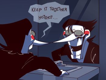 1boy black_hair black_jacket deltarune english_text gooseworx highres jacket long_nose male_focus mirror open_mouth pointy_nose reflection round_eyewear short_hair sink solo spamton_g._spamton speech_bubble static sweat teeth utdr_(toby_fox)