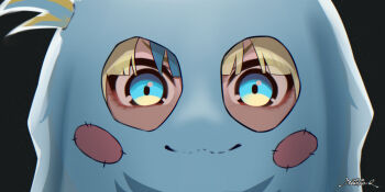 Rule 34 | 1girl, :3, artist name, black background, blonde hair, blue eyes, blue streaks, blunt bangs, blush stickers, close-up, commentary, dated, dreamoon-q, english commentary, ghost costume, halloween, halloween costume, highres, indie virtual youtuber, looking at viewer, multicolored eyes, multicolored hair, sameko saba, sameko saba (halloween), side ponytail, signature, smile, solo, straight-on, streaked hair, two-tone eyes, v-shaped eyebrows, virtual youtuber, yellow eyes