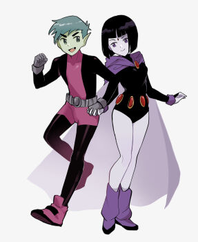 1boy 1girl absurdres beast_boy_(dc) belt black_hair blunt_bangs blunt_ends bodysuit breasts cape clenched_hand colored_skin cornfarm couple dc_comics fang gem gloves green_hair green_skin grey_gloves highres holding_hands looking_at_another medium_breasts pale_skin pink_shoes pointy_ears purple_cape purple_eyes purple_footwear raven_(dc) red_gemstone shoes short_hair simple_background teen_titans white_background