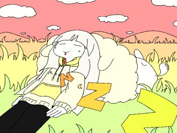 1girl animal animated animated_gif black_pants blunt_bangs blunt_ends closed_eyes cloud grass hood hood_down hoodie jaggy_lines long_hair long_sleeves nose_bubble original outdoors pants peyoda red_sky sheep sky sleeping smile solo white_hair yellow_hoodie zzz