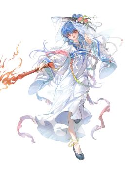 1girl 80isiiii :d alternate_costume anklet black_hat blue_hair blue_shoes chinese_clothes commission flower hair_between_eyes hanfu hat hat_flower highres hinanawi_tenshi holding holding_sword holding_weapon jewelry long_hair long_sleeves looking_at_viewer open_mouth peach_hat_ornament red_eyes shoes simple_background smile solo standing standing_on_one_leg sword sword_of_hisou touhou v-shaped_eyebrows veil watermark weapon white_background white_flower white_hanfu white_veil wide_sleeves