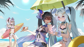 Rule 34 | 3girls, bad anatomy, bad hands, bikini, bikini skirt, bird, black bikini, black bra, black hair, black shorts, blue eyes, blue scrunchie, blue streaks, blush, bra, chinese commentary, commentary request, crescent, crossed bangs, detached collar, double-parted bangs, dress, frilled dress, frilled shirt, frills, gradient hair, hair between eyes, hair intakes, hair ornament, hands up, highres, holding, holding seashell, holding surfboard, innertube, jetavie: daybreak (sunny splash) (pgr), jetavie (pgr), jewelry, layered bikini, long hair, lucia: pyroath (rippling luminescence) (pgr), lucia (pgr), luna: oblivion (crystalline glance) (pgr), luna (pgr), multicolored hair, multiple girls, necklace, open mouth, outdoors, pink streaks, punishing: gray raven, red eyes, sand, scrunchie, see-through clothes, see-through dress, shirt, shorts, side-tie bikini bottom, sidelocks, sitting, skirt, sky, smile, streaked hair, summer, sun, surfboard, swim ring, swimsuit, umbrella, under umbrella, underwear, very long hair, visor cap, water, white hair, white shirt, white skirt, wrist scrunchie, xiao'erguai rua