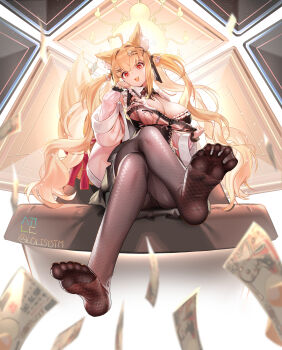 1girl absurdres ahoge animal_ear_fluff animal_ears artist_name backlighting banknote black_bra black_corset black_panties black_pantyhose blonde_hair blush bra breasts cameltoe chandelier cleavage clothes_pull collared_dress commentary corset criss-cross_strings crossed_legs detached_sleeves dress dress_pull english_commentary falling_money fang feet fishnet_pantyhose fishnets fox_ears fox_girl fox_tail from_below hair_intakes hair_ornament hairclip hand_on_own_face head_tilt heart heart_ahoge highres jacket l.wolf lace lace-trimmed_dress lace_trim large_breasts large_tail legs long_sleeves looking_at_viewer money open_mouth panties panties_under_pantyhose pantyhose parallel_hairclips pink_dress pink_jacket pom_pom_(clothes) pom_pom_hair_ornament promisu pulling_own_clothes red_eyes ribbon-trimmed_bra ribbon_trim sera_(promisu) sidelocks sitting skin_fang slit_pupils smile soles solo sparkle tail thighs toe_seam toes twintails underwear virtual_youtuber x_hair_ornament