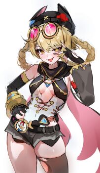 1girl armpit_crease bare_shoulders beanie black_gloves black_hat blonde_hair braid braided_hair_rings breasts breasts_apart commentary desire_(des1re) english_commentary eyewear_on_head fang fingerless_gloves genshin_impact gloves goggles goggles_on_head grey_shorts hair_rings hand_on_own_hip hat highres jahoda_(genshin_impact) looking_at_viewer open_mouth shorts simple_background skin_fang solo star-shaped_pupils star_(symbol) symbol-shaped_pupils thighhighs thighs tongue tongue_out torn_clothes torn_thighhighs v v_over_eye white_background yellow_eyes