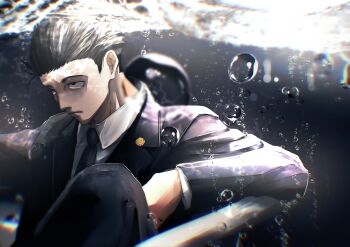 1boy absurdres air_bubble badge black_eyes black_hair black_jacket black_necktie black_suit bubble closed_mouth collared_shirt dress_shirt expressionless formal_clothes highres higuruma_hiromi jacket jujutsu_kaisen knee_up long_sleeves looking_away male_focus mitsuru_(aica_hikari) necktie shirt short_hair sitting solo suit underwater upper_body white_shirt