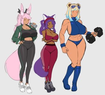 3girls abs animal_ear_fluff animal_ears anri_(pompoussnark) bamboowacker bare_arms bare_shoulders bear_ears bear_girl black_pants black_shoes black_sports_bra blonde_hair blue-tinted_eyewear blue_boots blue_hair blue_panties boots borrowed_character bottle breasts cat_ears cat_girl cat_tail commentary crop_top crossed_arms curvy dark-skinned_female dark_skin dumbbell english_commentary eyewear_on_head fox_ears fox_girl fox_tail full_body green_jacket grey_background halterneck hand_on_own_hip hand_up height_difference holding holding_bottle holding_dumbbell ikari_(bamboowacker) jacket jitome kaya_(bear_festival) large_breasts long_hair medium_hair midriff multiple_girls muscular muscular_female no_mouth open_clothes open_jacket original panties pants parted_bangs pink_hair pink_tail ponytail purple_hair purple_tail shoes sideboob simple_background sneakers sports_bra standing sunglasses tail thick_thighs thighs tinted_eyewear underwear white_shoes wide_hips wristband yoga_pants |_|