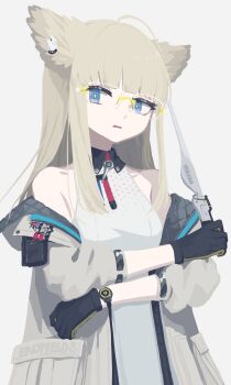 1girl ahoge arknights arknights:_endfield armpit_crease bespectacled black_gloves blonde_hair blue_eyes breasts coat commentary crossed_arms dress feather_hair glasses gloves grey_coat highres holding holding_wand long_hair looking_at_viewer no_lineart papaia_(quentingqoo) parted_lips perlica_(arknights) pocket sleeveless sleeveless_dress small_breasts solo two-sided_gloves upper_body wand white_dress yellow_gloves