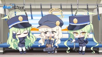 3girls aoba_(blue_archive) arms_up artist_request belt black_belt blonde_hair blue_archive boots brown_gloves chibi closed_eyes closed_mouth commentary demon_tail earrings english_commentary fang full_body gloves green_hair hair_between_eyes hair_ornament hairclip halo hat highres hikari_(blue_archive) holding holding_tablet_pc indoors jewelry long_hair long_sleeves multiple_girls nozomi_(blue_archive) official_art open_mouth pantyhose pointy_ears short_shorts shorts sidelocks skin_fang smile standing tablet_pc tail train_interior twintails v-shaped_eyebrows very_long_hair white_gloves yellow_eyes