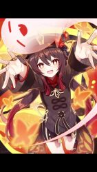 1girl :d animated arms_up bead_bracelet beads black_hat black_shorts boo_tao_(genshin_impact) bracelet brown_hair bug butterfly chinese_clothes commentary_request female_focus flower genshin_impact ghost happy hat hat_flower hu_tao_(genshin_impact) insect jewelry looking_at_viewer making-of open_mouth outstretched_arms red_eyes ring shorts sketch smile solo spread_arms symbol-shaped_pupils tailcoat twintails uruha_(yw1109) video