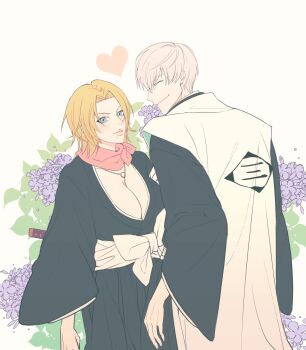 1boy 1girl 2025 bleach blonde_hair blue_eyes breasts chain chain_necklace closed_mouth collarbone flower_background haori highres ichimaru_gin japanese_clothes jewelry large_breasts matsumoto_rangiku medium_hair mole mole_under_mouth necklace nothinkingirl pink_scarf pink_shawl scarf shawl shihakusho short_hair simple_background smile strawberry_blonde upper_body