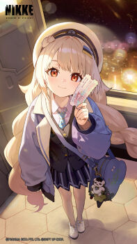 1girl bag black_skirt black_vest blue_bag blue_jacket blue_necktie blue_shirt braid brown_eyes closed_mouth collared_shirt commentary english_commentary goddess_of_victory:_nikke grey_hair hair_ornament hairpin hat highres holding holding_ticket indoors jacket laughing long_hair long_sleeves looking_at_viewer necktie night official_art open_clothes open_jacket pleated_skirt satchel shirt shoes skirt smile sneakers soline_(frost_ticket)_(nikke) soline_(nikke) solo standing ticket train_interior twin_braids very_long_hair vest white_hat white_shirt white_shoes