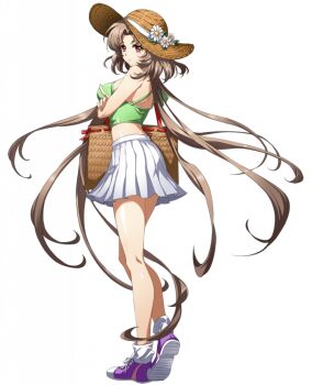 1girl arms_under_breasts bag bare_arms bare_legs bare_shoulders breasts brown_hair camisole closed_mouth crop_top crossed_arms curtained_hair floating_hair flower from_side full_body game_cg green_camisole green_shirt halter_shirt halterneck hat hat_flower langrisser langrisser_mobile large_breasts legs long_hair looking_at_viewer midriff miniskirt official_alternate_costume official_art pleated_skirt purple_shoes red_eyes red_ribbon red_straps ribbon shiny_skin shirt shoes shoulder_bag sideways simple_background skirt sleeveless sleeveless_shirt sneakers socks solo spaghetti_strap standing straw_bag straw_hat sun_hat sunflower sunflower_hat_ornament tachi-e third-party_source transparent_background very_long_hair white_skirt white_socks yulia_(langrisser)