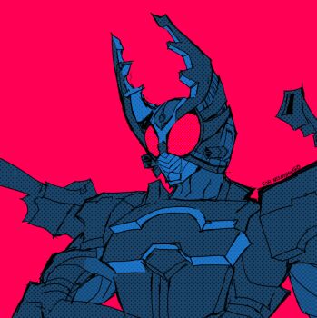 armor genc horns kamen_rider kamen_rider_gatack kamen_rider_kabuto_(series) red_background shoulder_cannon simple_background solo upper_body