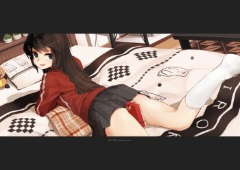 1girl akayama_ayane amezaki_chihaya black_skirt box brown_hair commentary_request gift gift_box green_eyes indoors jacket jikkyou_powerful_pro_yakyuu kneehighs letterboxed long_hair looking_back lying on_bed on_stomach open_mouth power_pro_kun_pocket power_pro_kun_pocket_13 red_jacket skirt socks solo stuffed_toy track_jacket twitter_username white_socks