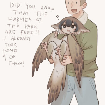 Rule 34 | 1boy, 1girl, :d, :o, ?, bird girl, bird legs, black eyes, black hair, blue pants, bright pupils, brown hair, commentary, cowboy shot, english commentary, english text, green sweater, hands up, harpy, highres, long sleeves, mole, mole under eye, monster girl, open mouth, original, pants, simple background, smile, sweater, talons, tateoftot, thick eyebrows, white background, white pupils, winged arms, wings