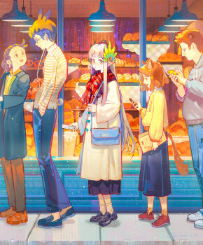 2boys 3girls absurdres arknights artist_name bag blue_shoes bread brown_eyes brown_hair ceiling_light cellphone chestnut_mouth coat commentary dated elf food from_side grey_hoodie hand_in_pocket highres holding holding_phone hood hoodie laurel_crown looking_at_another looking_at_phone looking_at_viewer looking_to_the_side lyuqiu mole mole_under_eye muelsyse_(arknights) multiple_boys multiple_girls orange_eyes orange_hair orange_shoes pants parted_lips phone pineapple_bun plaid_clothes plaid_scarf pointy_ears queue red_scarf red_shoes scarf shirt shoes shoulder_bag signature skirt standing striped_clothes striped_shirt sweater white_coat white_shoes yellow_sweater