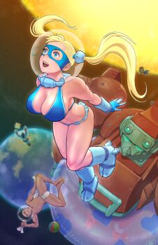 1girl 2boys 2others absurdres ball beachball bikini blue_bikini breasts bx-02_blodia capcom company_connection crossover cyberbots earth_(planet) eye_mask floating frilled_bikini frills fundoshi headband helmet highres japanese_clothes knees_apart_feet_together large_breasts mask mecha mega_man_(series) mega_man_legends_(series) multiple_boys multiple_others planet quasimodox rainbow_mika robot saotome_jin servbot_(mega_man) smile space space_helmet street_fighter sun swim_ring swimsuit twintails zangief