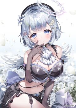 Rule 34 | 1girl, ascot, bare shoulders, beret, black bra, black choker, black gloves, black hat, black skirt, blue eyes, bra, breasts, chi no, choker, cleavage, commission, crown hair ornament, elbow gloves, feathered wings, field, flower, flower field, gloves, grey hair, hair ornament, halo, hat, highres, indie virtual youtuber, large breasts, looking at viewer, mini wings, miniskirt, navel, parted lips, petals, revealing clothes, short hair, skeb commission, skirt, solo, underwear, virtual youtuber, water drop hair ornament, white ascot, white flower, white petals, white wings, wings, yumemi rurua (vtuber)